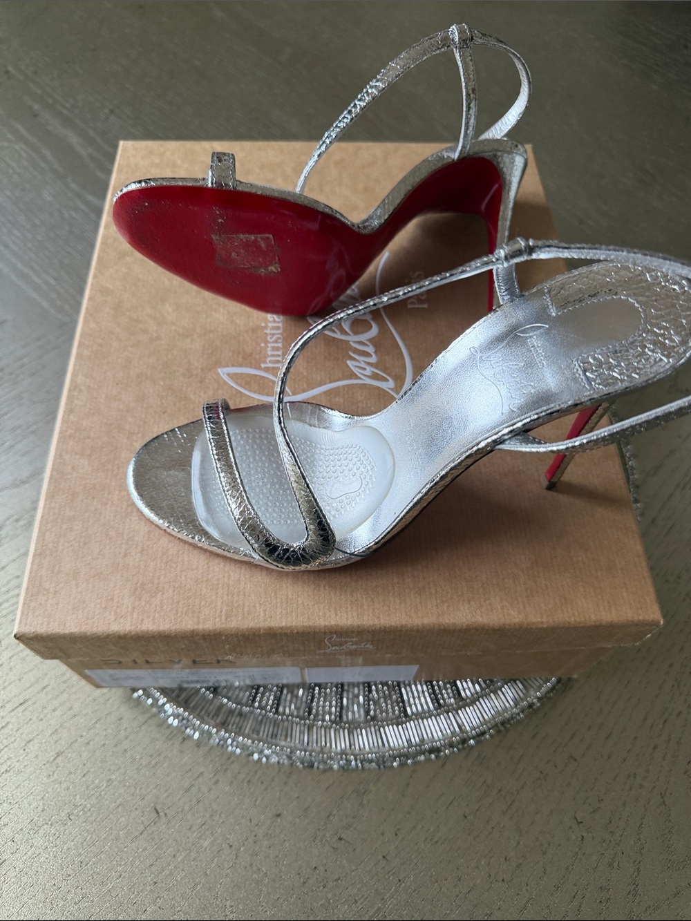 Christian Louboutin Rosalie 100 mm Silver Metallic Strappy Stiletto Sandals